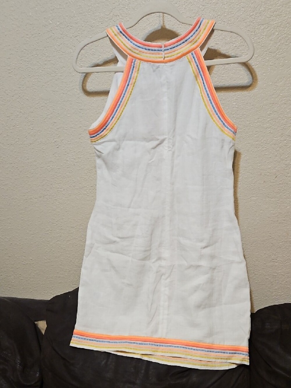 Boden 100% Linen White Midi Dress with Rainbow-Trimmed Neckline - Picture 4 of 7